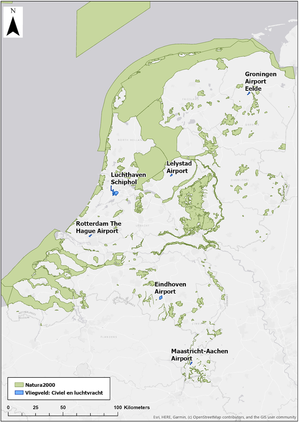 Natura 2000-gebieden in Nederland en locaties van vliegvelden