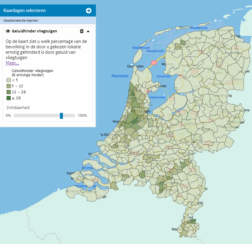Figuur 6.1 Percentage ernstig gehinderden door vliegtuigen (Atlas Leefomgeving, 2016) Percentage ernstig gehinderden door vliegtuigen (Atlas Leefomgeving, 2016)