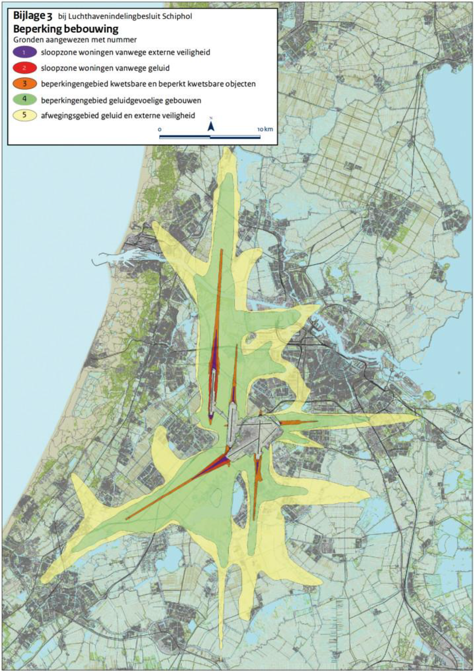 Beperkingenzones bebouwing rondom Schiphol (Bron: Ministerie van IenW, 2018)